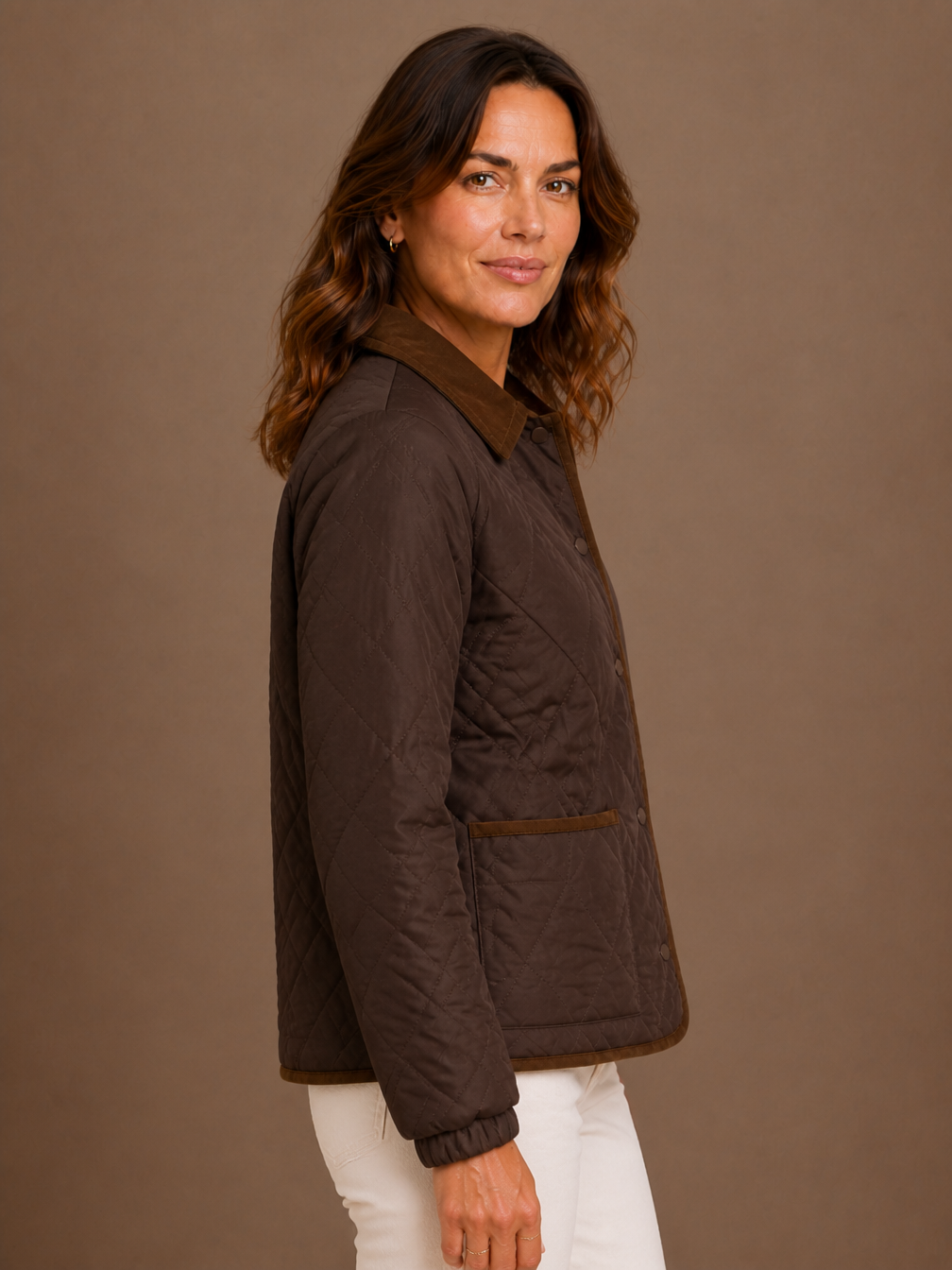 Women's Quilted Puffer Jacket with Corduroy Collar - Lightweight Padded Coat - Brown - Side View [AI-OPT:7d69e087-515c-4c69-8f43-6a2691376958]