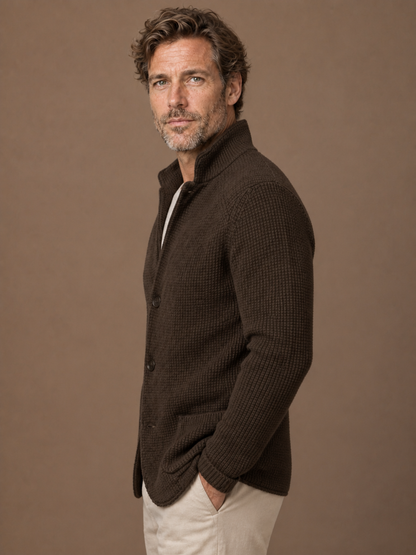 Men's Knitted Cardigan - Button up Knit Sweater with Stand Collar - Brown - Side View [AI-OPT:b05eb0dc-c074-46af-b9c3-b4a3a7462cfc]