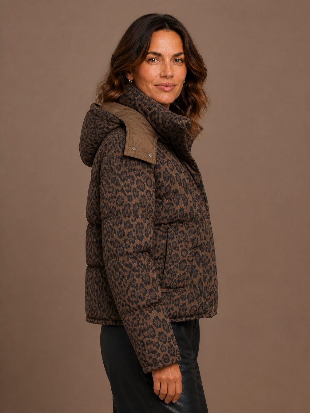 Women's Leopard Print Quilted Puffer Jacket - Front Zip Animal Print Insulated Coat - Brown - Side View [AI-OPT:3bb1e645-aa64-4d6c-ab78-b2c56e318cd8]