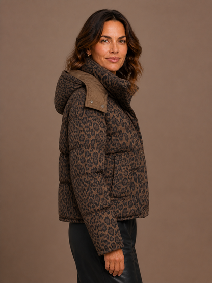 Women's Leopard Print Quilted Puffer Jacket - Front Zip Animal Print Insulated Coat - Brown - Side View [AI-OPT:3bb1e645-aa64-4d6c-ab78-b2c56e318cd8]