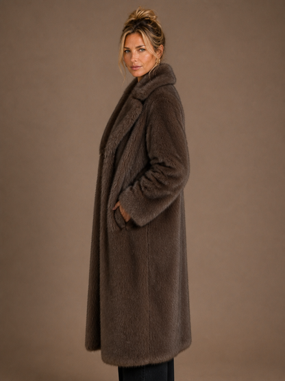 Women's Long Faux Fur Coat - Oversized Warm Dark Brown Winter Jacket - Brown - Side View [AI-OPT:f9f26fa9-fed6-4e19-b0ea-e341ecd5adf5]