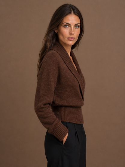 Women's Wrap Sweater with Shawl Collar, V-Neck and Ribbed Knit - Brown - Side View [AI-OPT:daa372aa-6042-4f14-bc31-b28d32597294]
