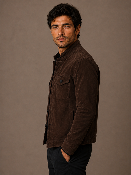 Men’s Suede Jacket with Stand Collar - Button-Up Overshirt for Layering - Brown - Side View [AI-OPT:232a9a4b-f5c8-415a-aa33-64db0fcc2345]