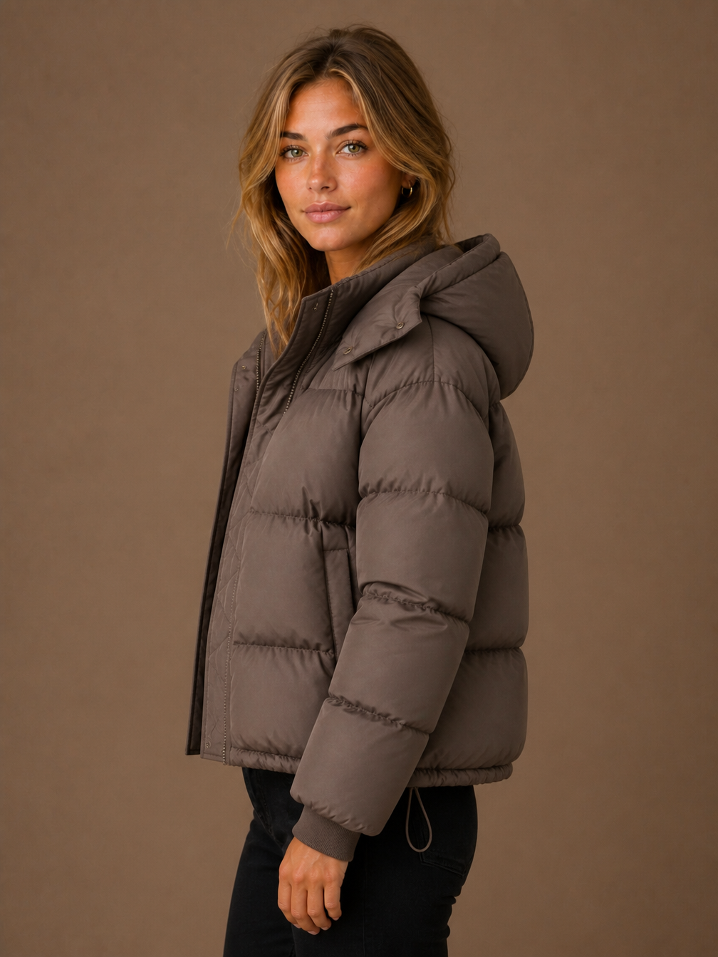Women's Oversized Hooded Puffer Jacket – Short Padded Winter Coat - Brown - Side View [AI-OPT:3677130e-65a2-4450-8e53-1ef6a060f65c]