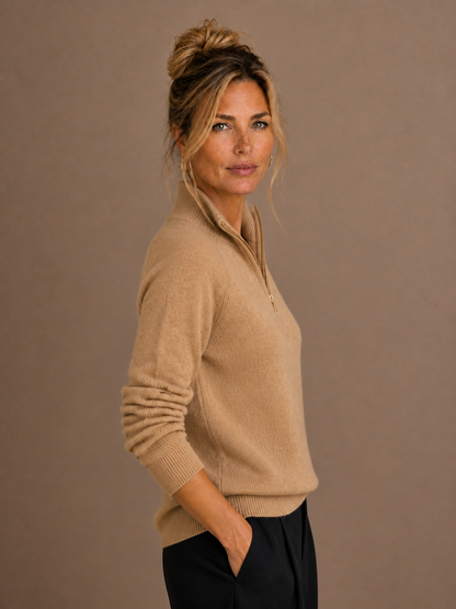 Women's Pure Cashmere Half-Zip Knitted Pullover Sweater with Long Sleeves - Brown - Side View [AI-OPT:30854850-7cba-4fdb-aa15-bddd9b2b9bdc]
