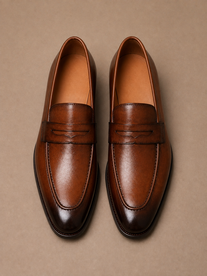 Men's Leather Loafers Square Toe Dress Shoes - Black or Brown - Brown - Top View [AI-OPT:1bc1cc53-d00f-4871-b006-03d32cb57ce4]