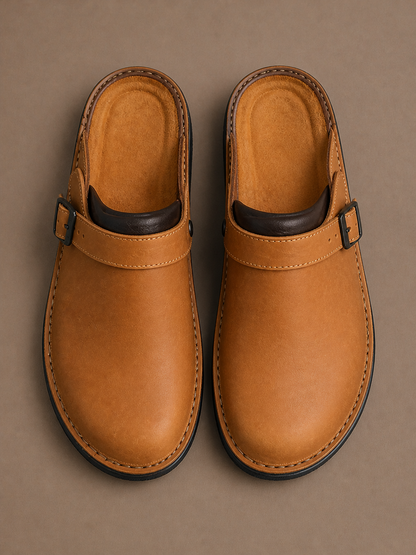 Men's Leather Clogs Slip-On Buckle Strap Cushioned Orthopaedic Insole Slippers - Brown - Top View [AI-OPT:fbd28648-b218-45c8-93d7-ef9abde59440]