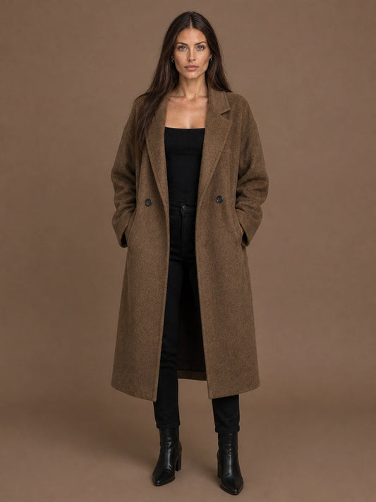 Women's Oversized Wool Blend Coat – Long Double-Breasted Winter Coat with Wide Lapels