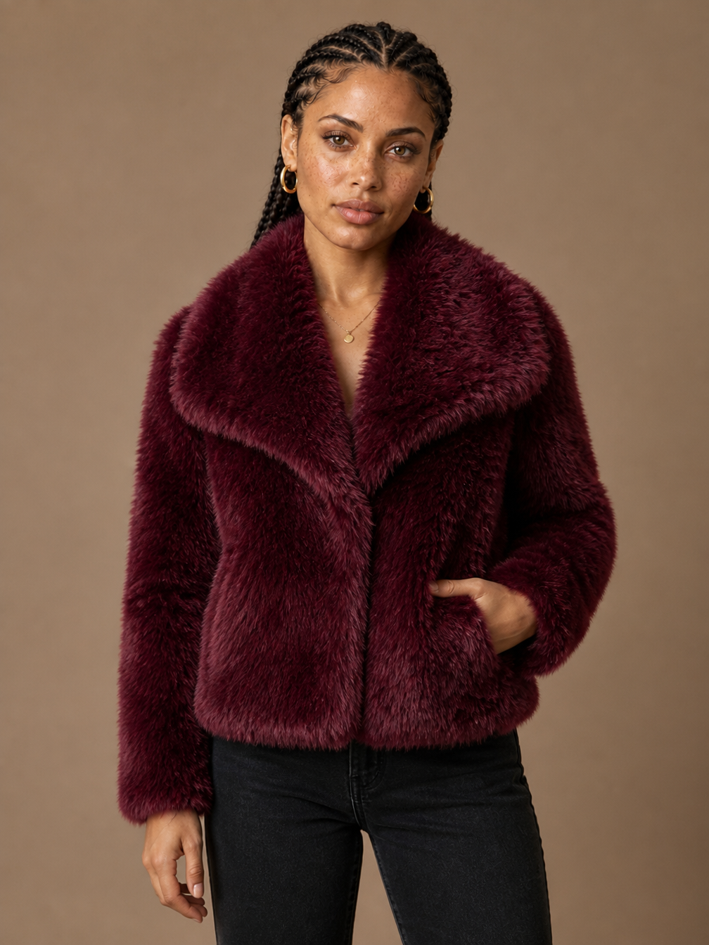 Women's Cropped Faux Fur Jacket with Shawl Collar for Autumn/Winter - Burgundy