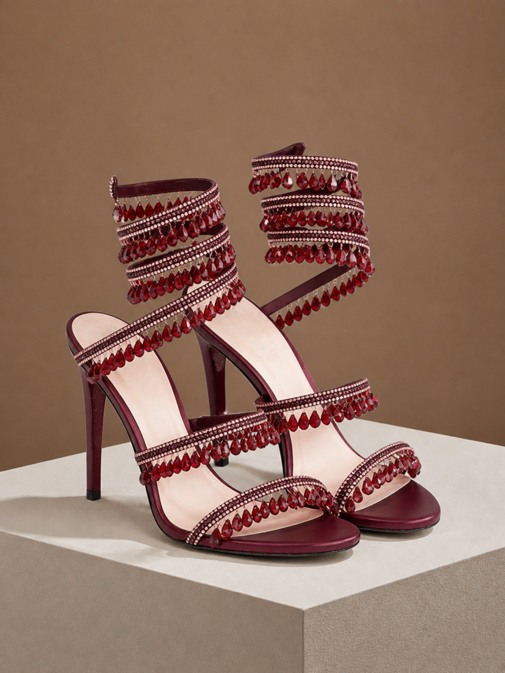 Women's Crystal Strappy High Heels for Parties and Evening Events - Burgundy