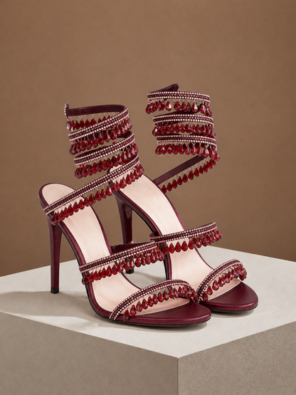 Women's Crystal Strappy High Heels for Parties and Evening Events - Burgundy