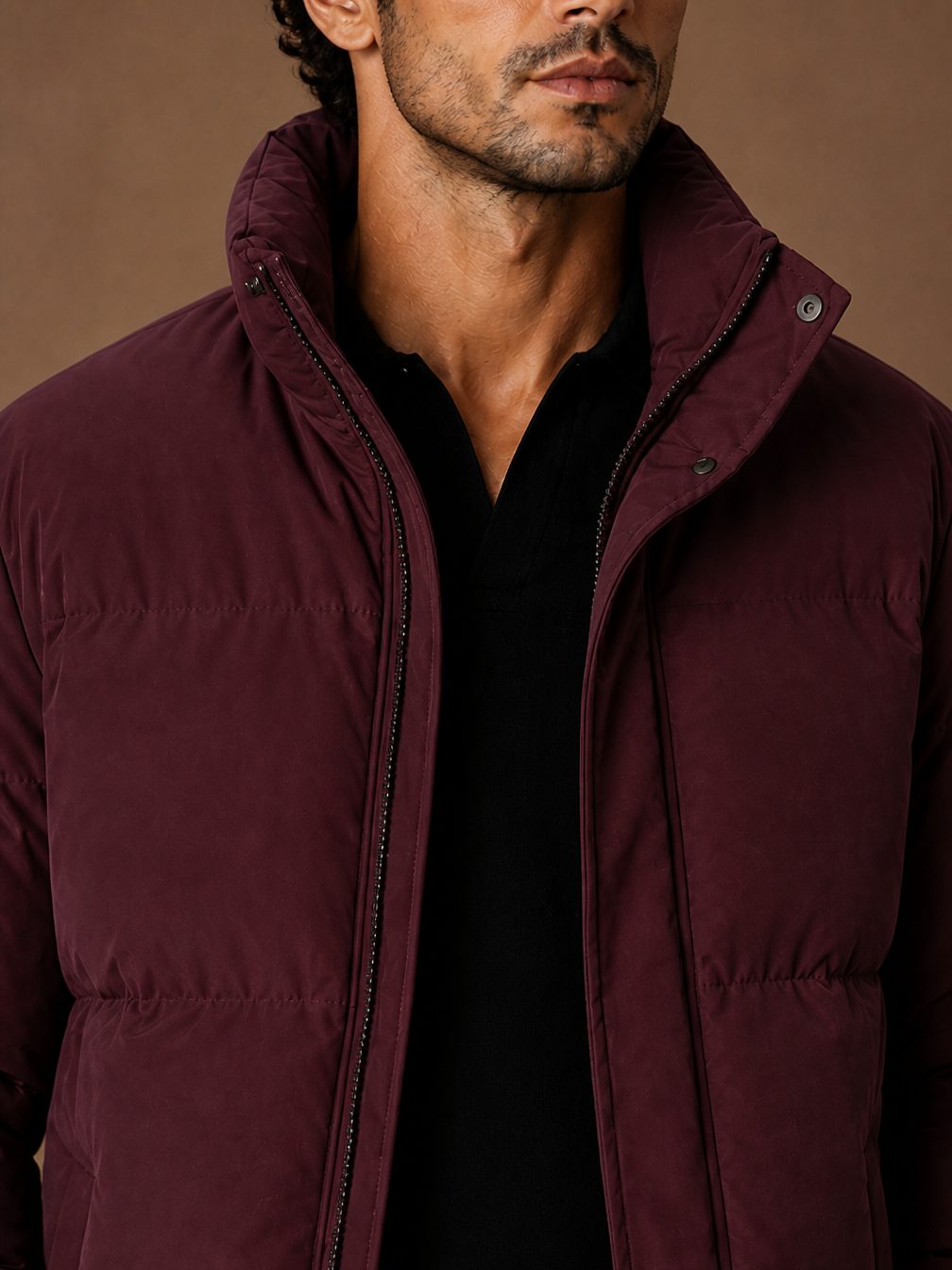 Men's Oversized Puffer Jacket Quilted Winter Coat for Layering - Burgundy - Detail Close-Up [AI-OPT:5f8ef65a-c6f1-4887-9803-b5a604e6c3b7]