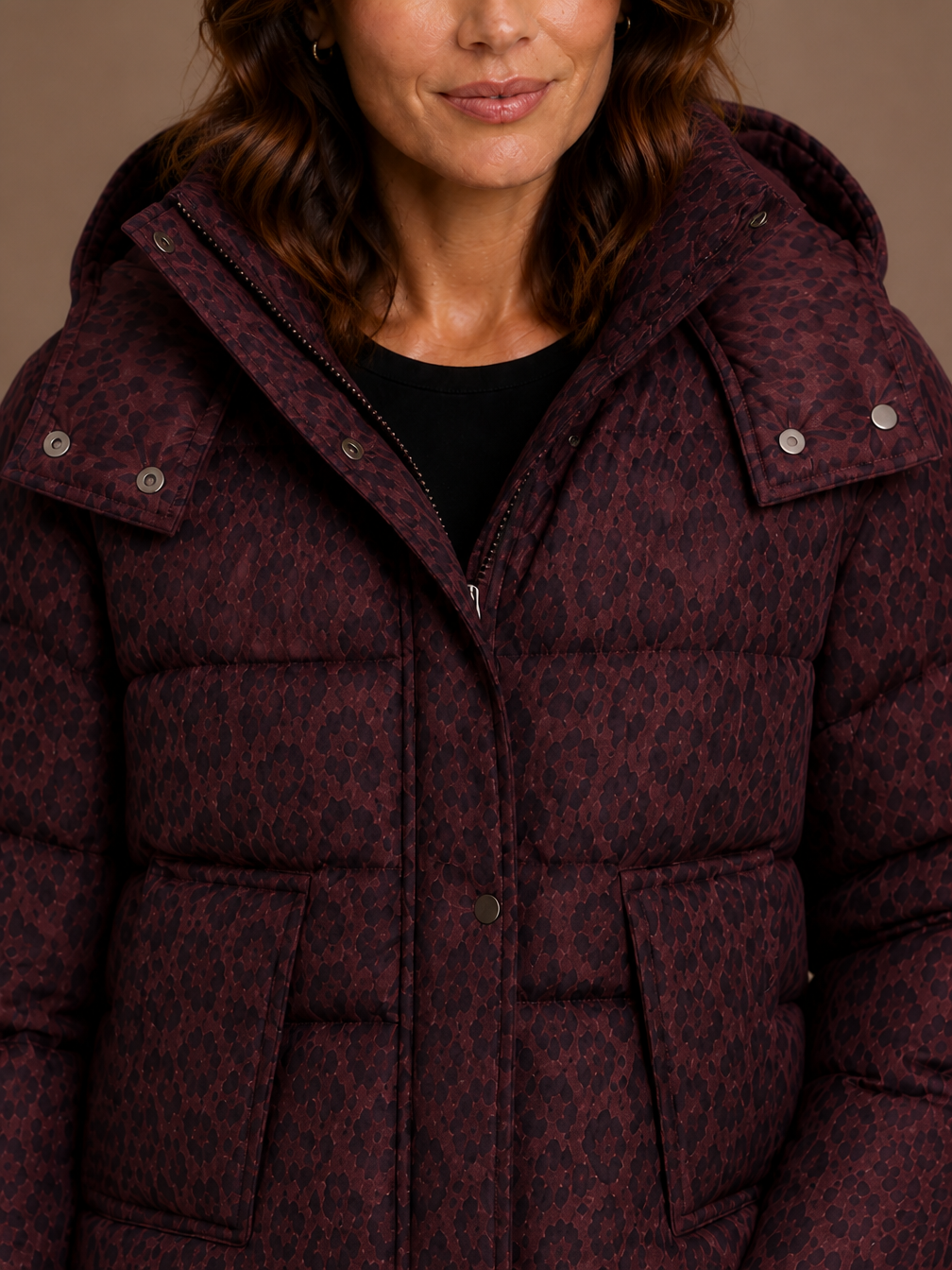 Women's Leopard Print Quilted Puffer Jacket - Front Zip Animal Print Insulated Coat - Burgundy - Detail Close-Up [AI-OPT:37e75b14-9606-4f6e-ad2f-ac531d051712]