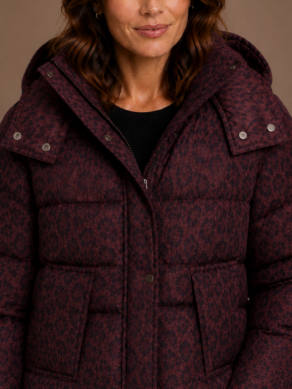 Women's Leopard Print Quilted Puffer Jacket - Front Zip Animal Print Insulated Coat - Burgundy - Detail Close-Up [AI-OPT:37e75b14-9606-4f6e-ad2f-ac531d051712]