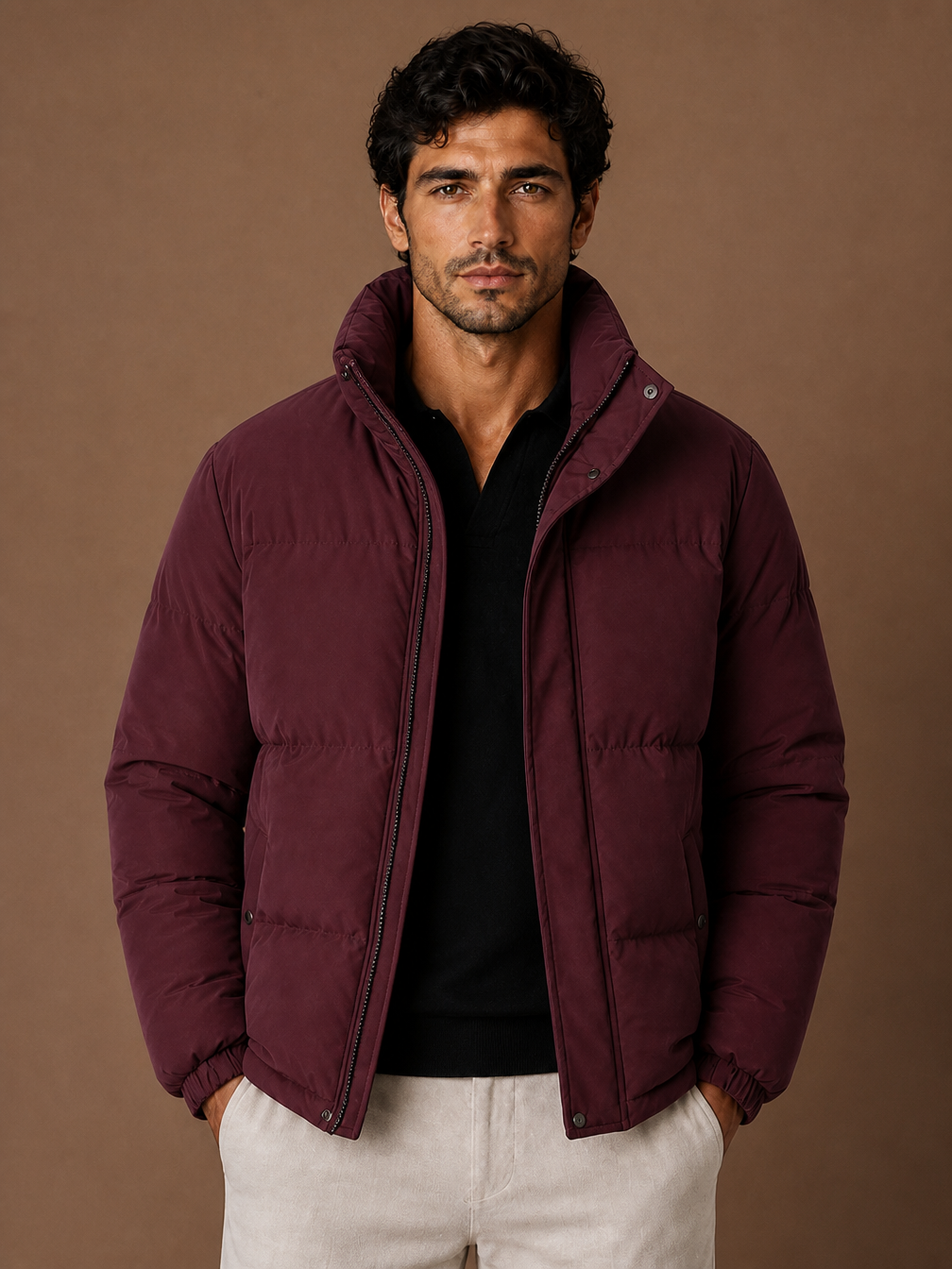 Men's Oversized Puffer Jacket Quilted Winter Coat for Layering - Burgundy