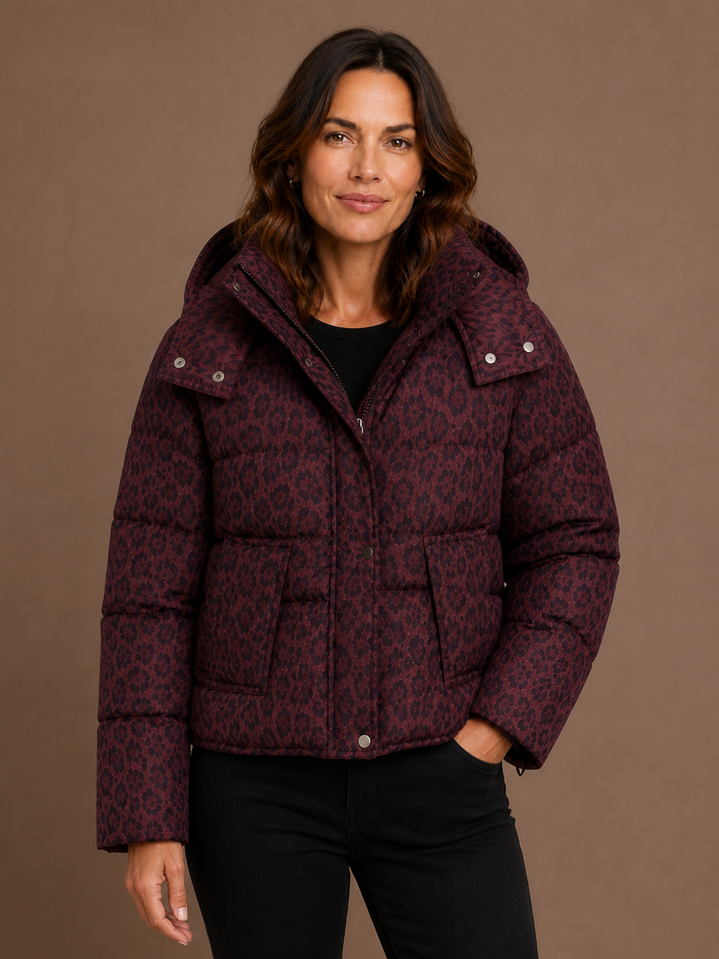 Women's Leopard Print Quilted Puffer Jacket - Front Zip Animal Print Insulated Coat - Burgundy