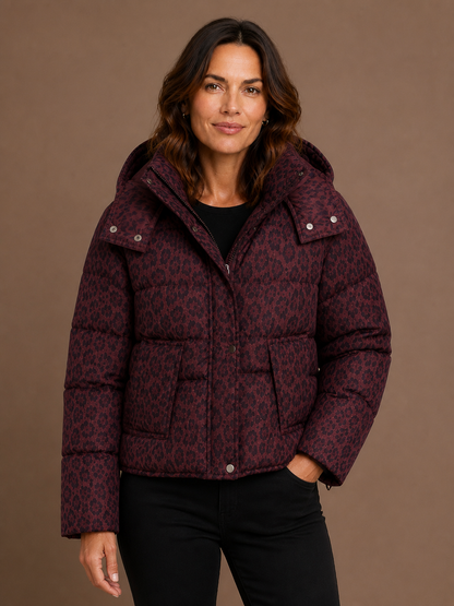 Women's Leopard Print Quilted Puffer Jacket - Front Zip Animal Print Insulated Coat - Burgundy