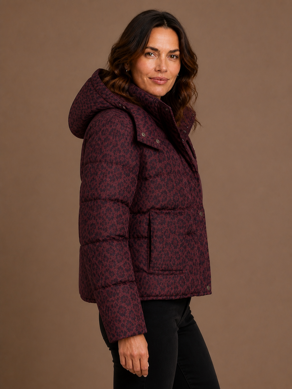 Women's Leopard Print Quilted Puffer Jacket - Front Zip Animal Print Insulated Coat - Burgundy - Side View [AI-OPT:78bf0d40-0472-45fa-afee-36180eb02e87]