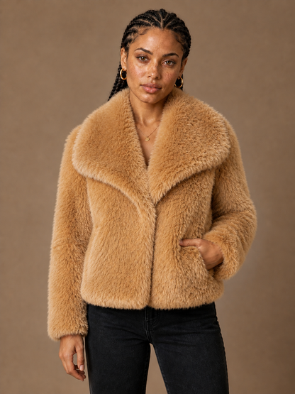 Women's Cropped Faux Fur Jacket with Shawl Collar for Autumn/Winter - Camel