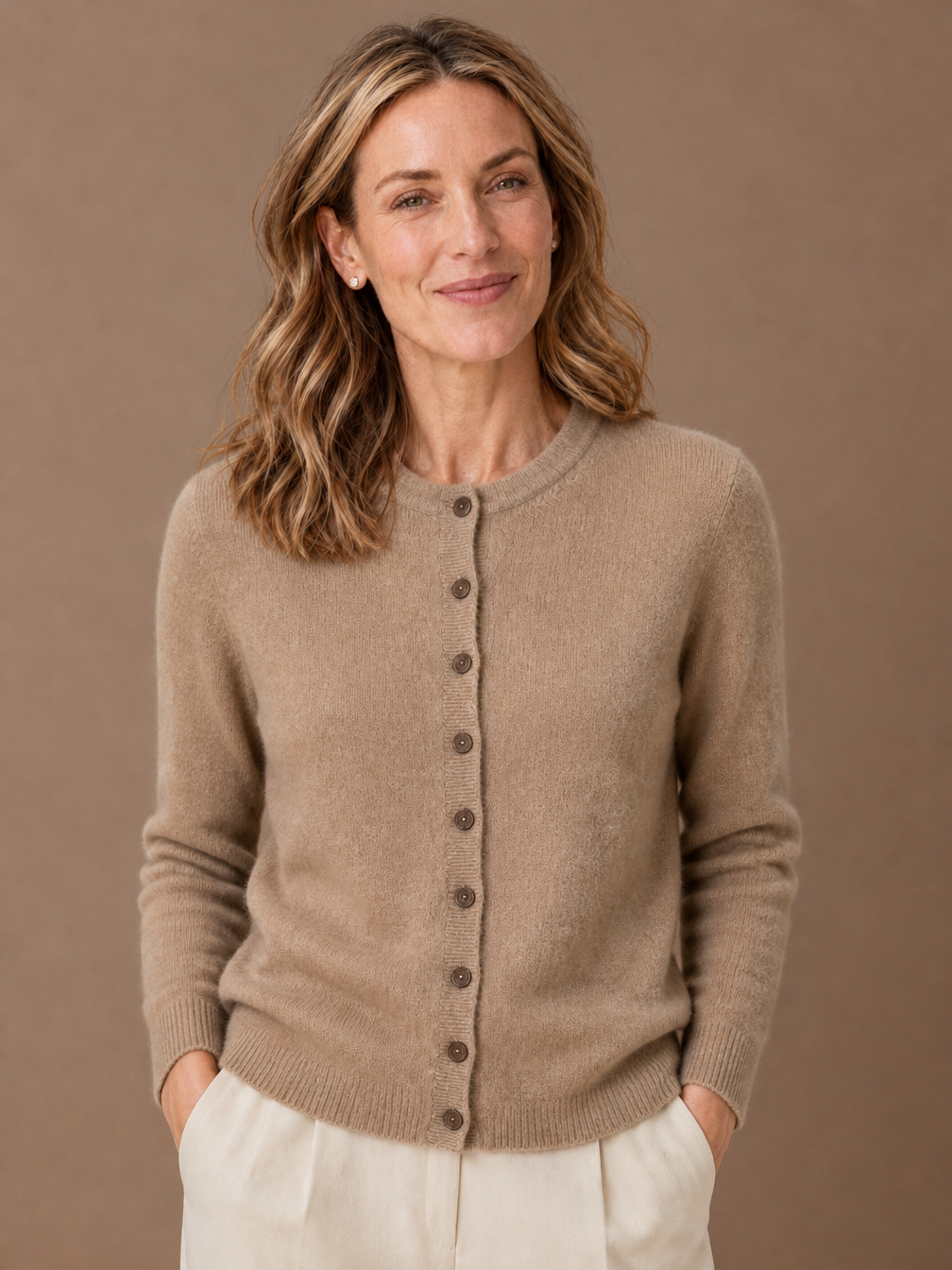 Women's Merino Wool Blend Cardigan - Button Front Knitted Sweater - Camel