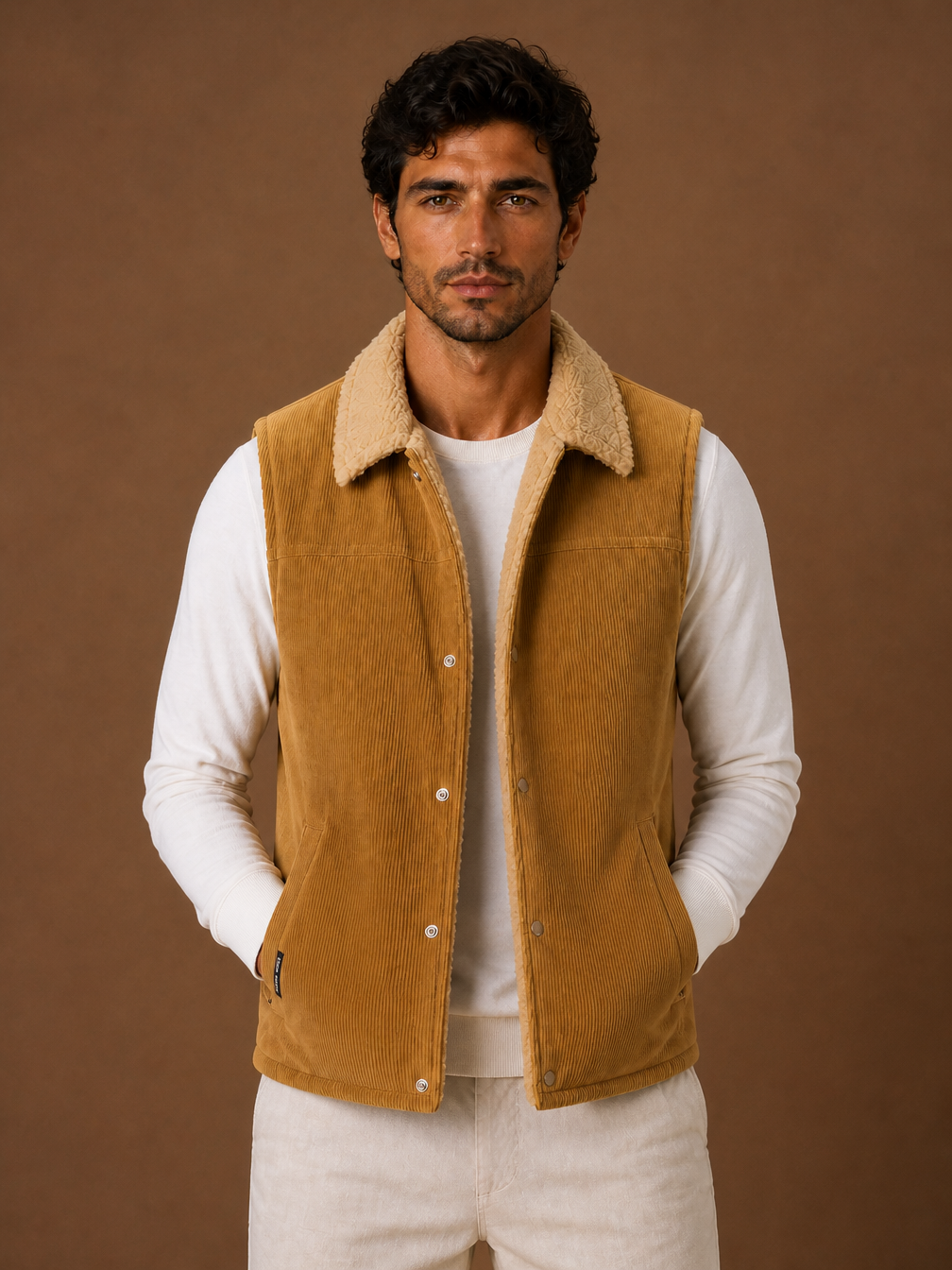 Men's Sherpa-Lined Corduroy Gilet Winter Sleeveless Layering Vest - Camel