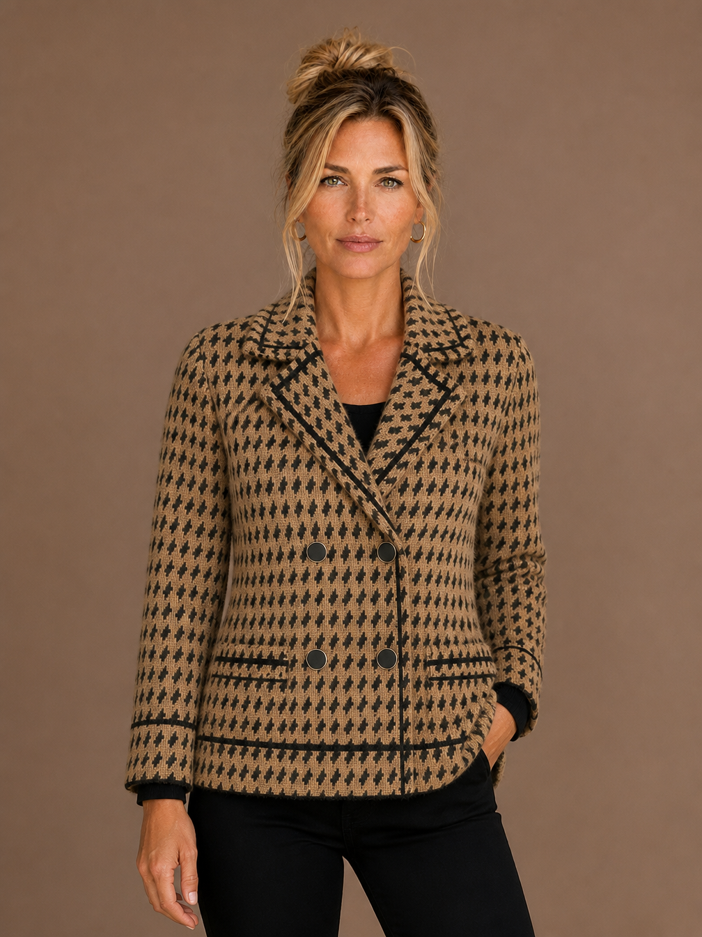 Cropped Houndstooth Knit Jacket with Double-Breasted Buttons - Camel