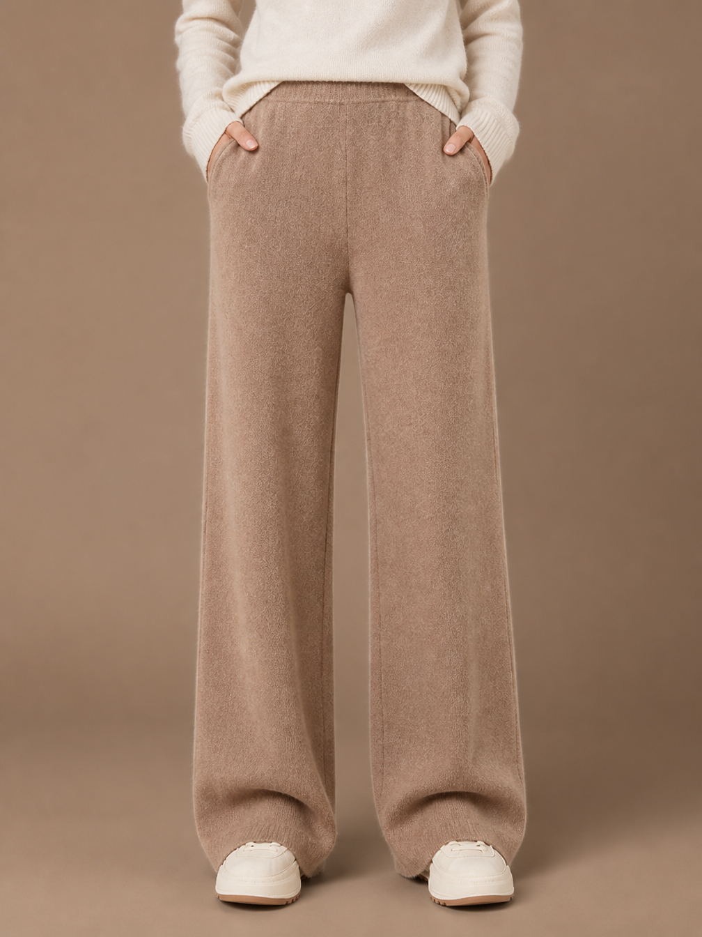 Women's 100% Merino Wool Wide-Leg Trousers with High Waist and Elasticated Waist - Camel