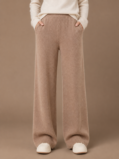 Women's 100% Merino Wool Wide-Leg Trousers with High Waist and Elasticated Waist - Camel