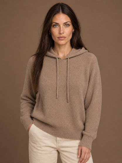 Women's Ribbed Cashmere Hoodie with Adjustable Drawstring - Camel
