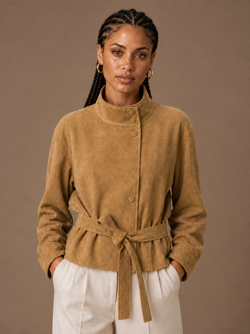 Women's Suede Funnel Neck Jacket Brown or Camel Transitional Outerwear - Camel