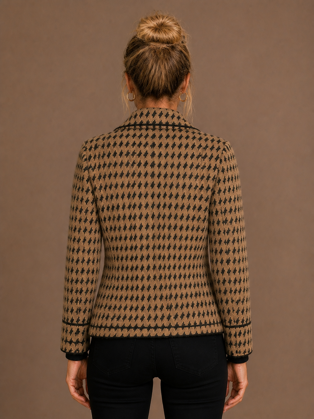 Cropped Houndstooth Knit Jacket with Double-Breasted Buttons - Camel - Back View [AI-OPT:6ed09379-6395-4282-9bd5-9c8fc4b54db7]