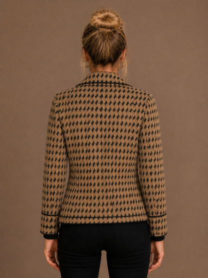Cropped Houndstooth Knit Jacket with Double-Breasted Buttons - Camel - Back View [AI-OPT:6ed09379-6395-4282-9bd5-9c8fc4b54db7]