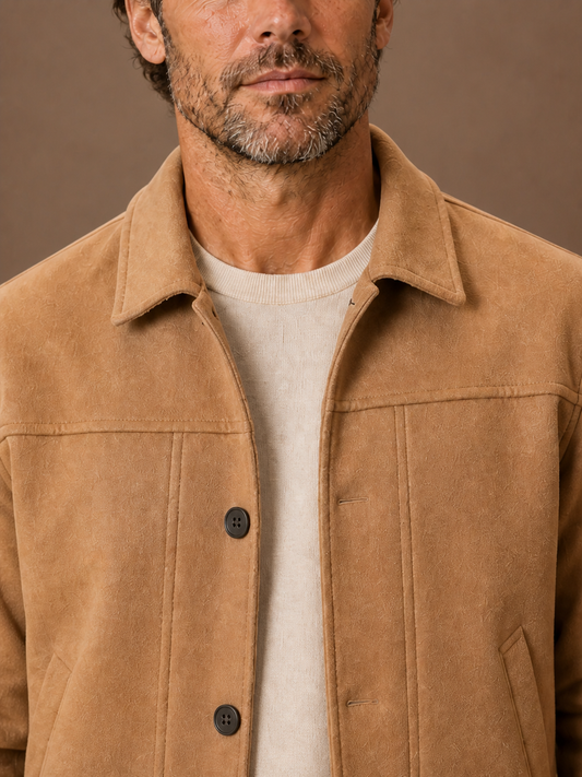 Men's Shirt Jacket Button-Front Long Sleeve Tailored Casual Overshirt - Camel - Detail Close-Up [AI-OPT:b45215b4-d3b4-495e-8e63-a78ac69349a8]