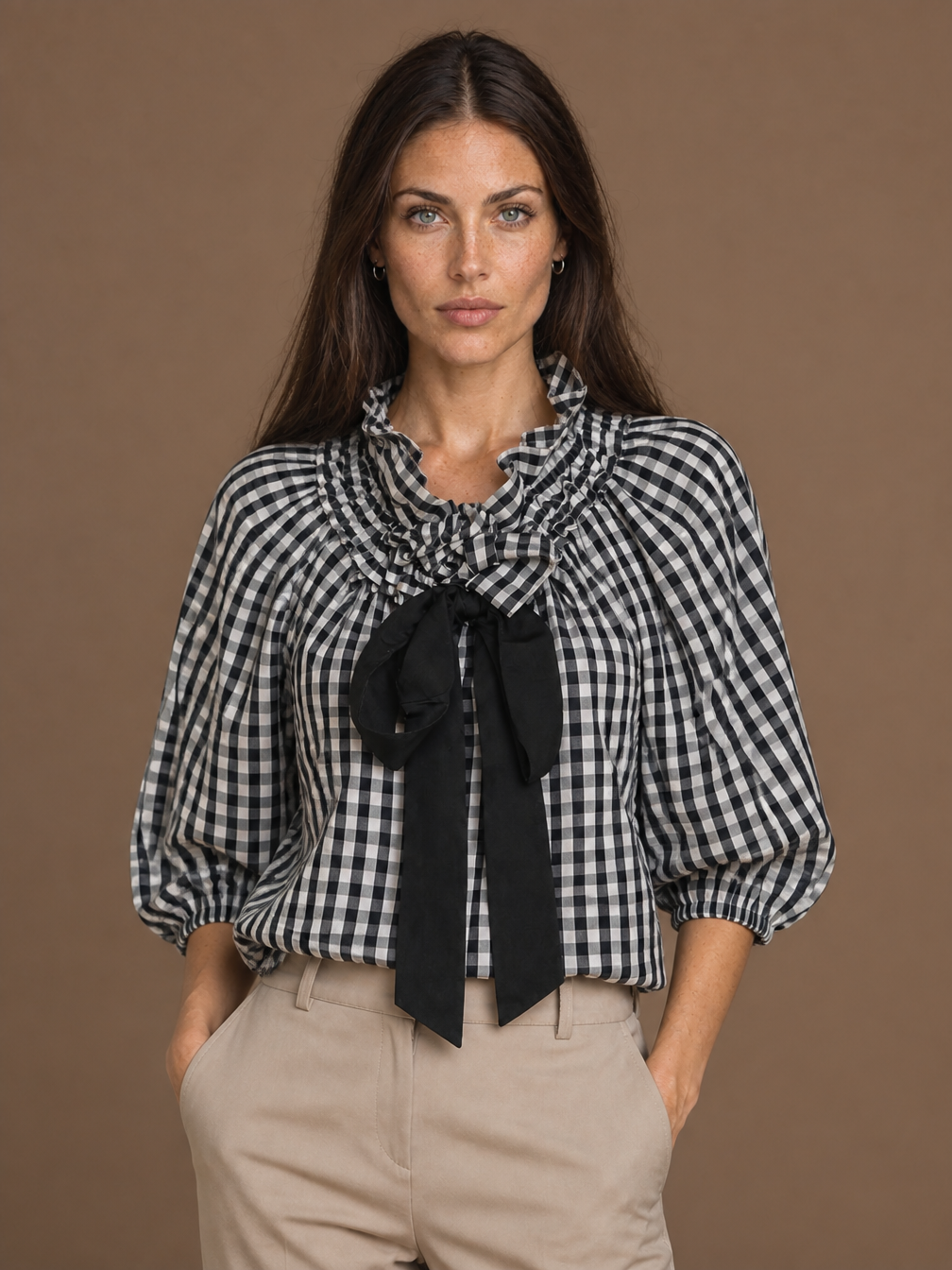 Women's Ruffled Collar Blouse with Lantern Sleeves and Bow Tie - Checkered