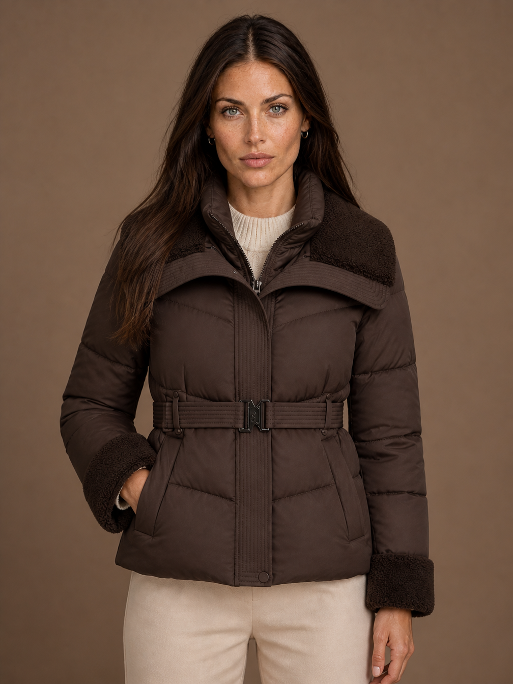 Women's Belted Puffer Jacket Winter Coat - Chocolate Brown