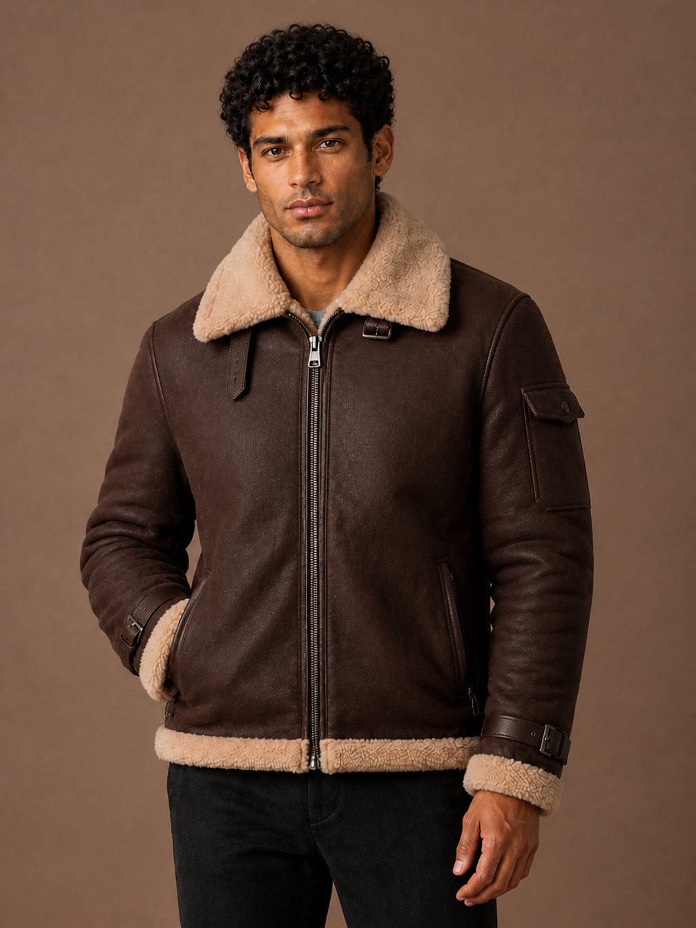 Men’s Sherpa Lined Aviator Jacket with Faux Shearling Collar, Zip Front and Adjustable Cuffs - Chocolate Brown