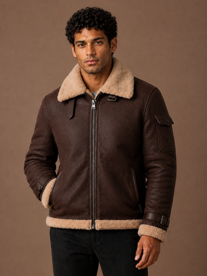 Men’s Sherpa Lined Aviator Jacket with Faux Shearling Collar, Zip Front and Adjustable Cuffs - Chocolate Brown