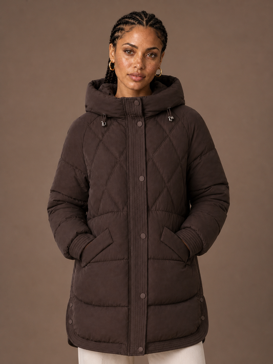 Women's Longline Puffer Jacket - Hooded Diamond Quilting Insulated Winter Coat - Chocolate Brown