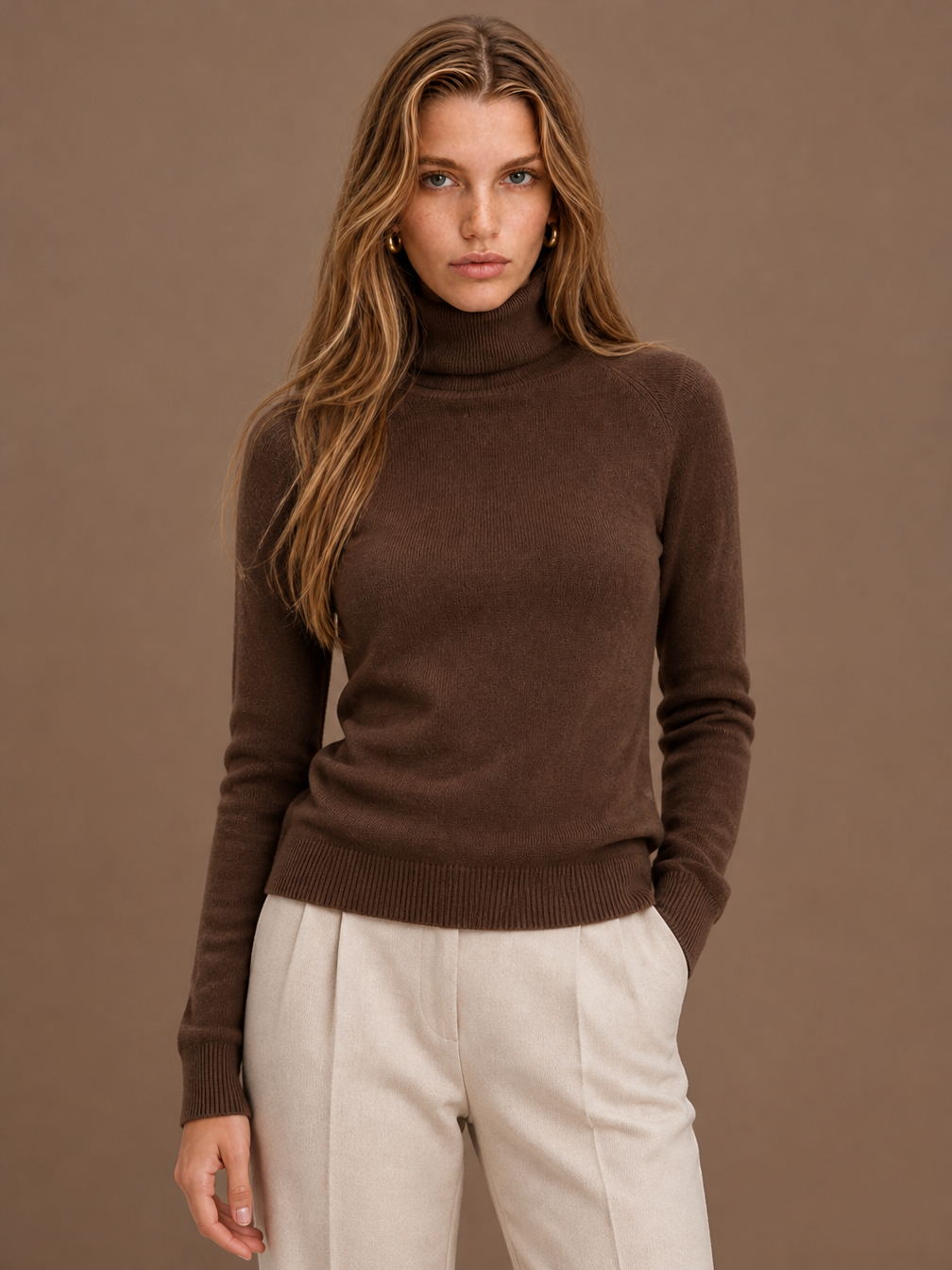Women's Turtleneck Sweater Long Sleeve Pullover - Chocolate Brown