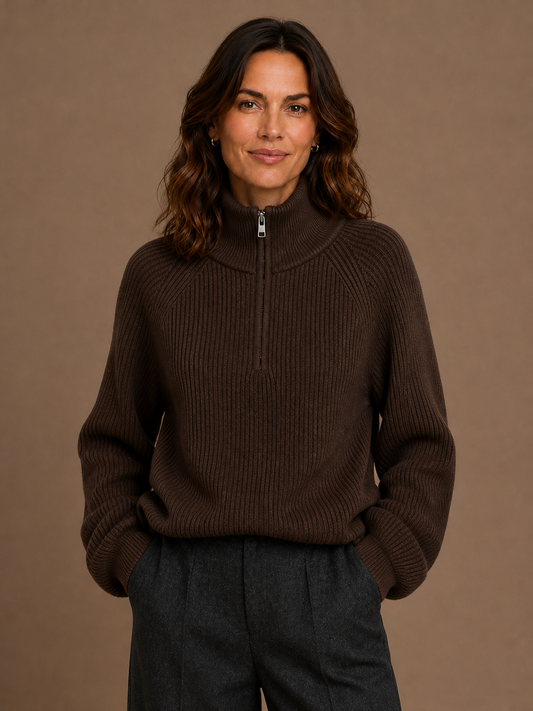 Women's Quarter Zip Knit Sweater Pullover - Chocolate Brown