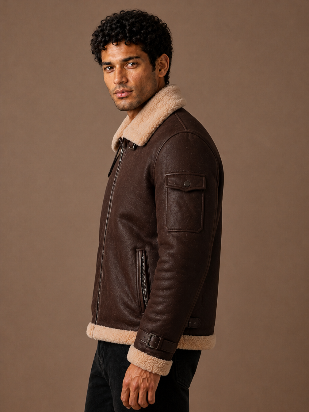Men’s Sherpa Lined Aviator Jacket with Faux Shearling Collar, Zip Front and Adjustable Cuffs - Chocolate Brown - Side View [AI-OPT:1826b802-9bef-4dac-ad95-f71d3af55682]