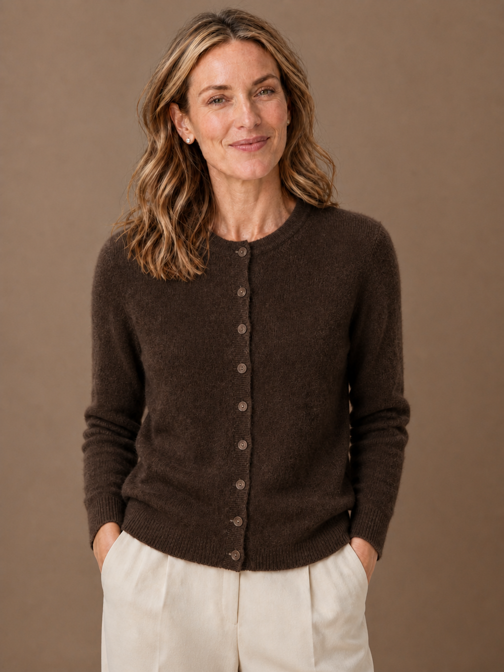 Women's Merino Wool Blend Cardigan - Button Front Knitted Sweater - Coffee