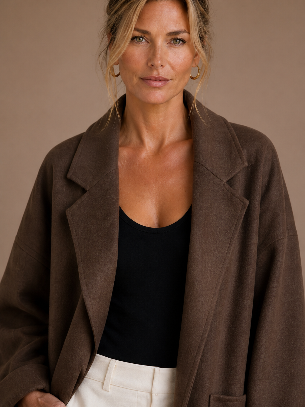 Women's Oversized Longline Coat with Lapels, Patch Pockets and Turn-Up Cuffs - Coffee - Detail Close-Up [AI-OPT:db5242f4-6ca1-4402-aea0-91023bc5377b]