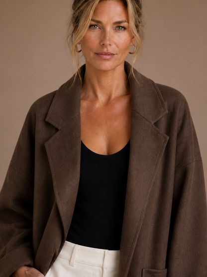 Women's Oversized Longline Coat with Lapels, Patch Pockets and Turn-Up Cuffs - Coffee - Detail Close-Up [AI-OPT:db5242f4-6ca1-4402-aea0-91023bc5377b]