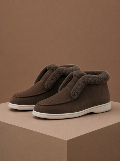 Women's Shearling Suede Loafer - Moc Toe and Cushioned Sole Fleece Boots - Coffee