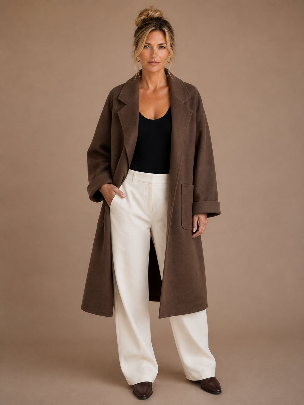 Women's Oversized Longline Coat with Lapels, Patch Pockets and Turn-Up Cuffs - Coffee