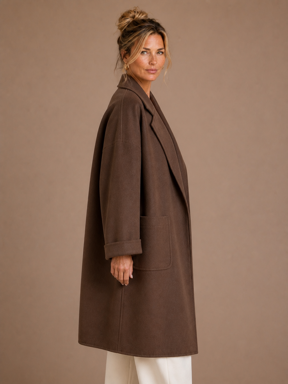 Women's Oversized Longline Coat with Lapels, Patch Pockets and Turn-Up Cuffs - Coffee - Side View [AI-OPT:ad572d2a-ed47-41d8-9ec0-40bc950e7b0b]