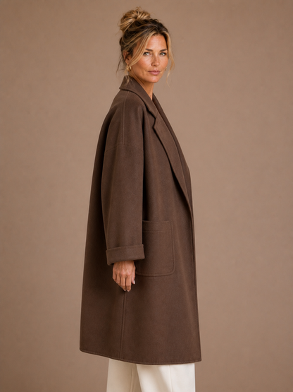 Women's Oversized Longline Coat with Lapels, Patch Pockets and Turn-Up Cuffs - Coffee - Side View [AI-OPT:ad572d2a-ed47-41d8-9ec0-40bc950e7b0b]