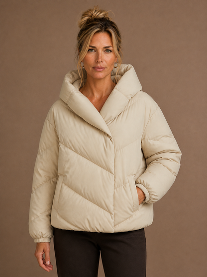 Women's Hooded Down Puffer Jacket Cropped Relaxed Fit Quilted Chevron Panels Brown - Crème