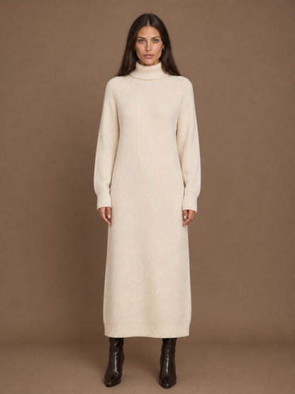 Women's Turtleneck Sweater Dress - Ribbed Knitted Winter Maxi Dress - Cream